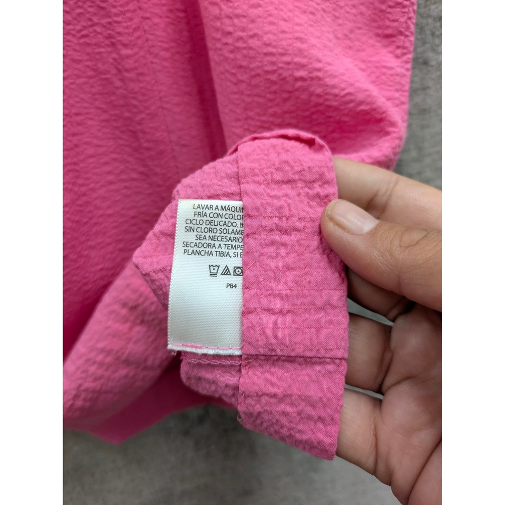 Barbiecore Button Up Blouse Womens L Pink Short Sleeve Textured Stretch Top - Picture 3 of 7